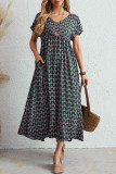 Elegant College Print Pocket Fold V Neck Short Sleeve Dress Dresses
