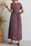 Elegant College Print Pocket Fold V Neck Short Sleeve Dress Dresses