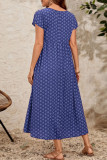 Elegant College Print Pocket Fold V Neck Short Sleeve Dress Dresses