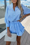 Casual Work Striped Patchwork Turndown Collar Long Sleeve Two Pieces