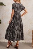 Elegant College Print Pocket Fold V Neck Short Sleeve Dress Dresses