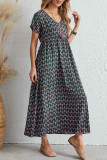 Elegant College Print Pocket Fold V Neck Short Sleeve Dress Dresses