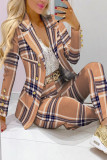 Casual Plaid Print Patchwork Turn-back Collar Long Sleeve Two Pieces