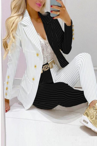 Casual Striped Print Patchwork Turn-back Collar Long Sleeve Two Pieces