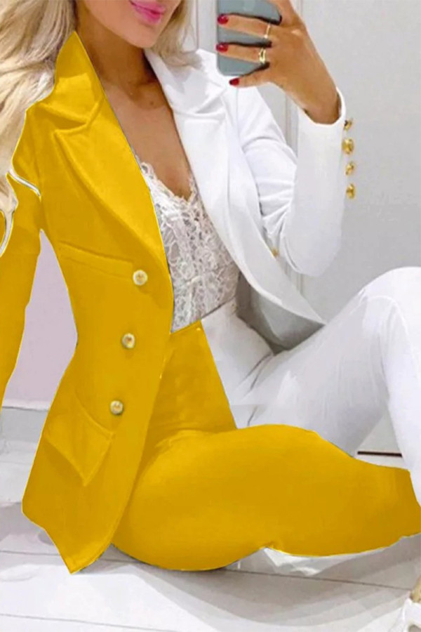 Casual Color Block Contrast Turn-back Collar Long Sleeve Two Pieces