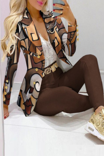 Casual Print Patchwork Turn-back Collar Long Sleeve Two Pieces