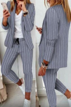 Casual Striped Print Patchwork Turn-back Collar Long Sleeve Two Pieces