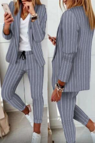 Casual Striped Print Patchwork Turn-back Collar Long Sleeve Two Pieces