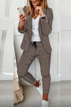 Casual Plaid Print Patchwork Turn-back Collar Long Sleeve Two Pieces