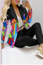 Casual Geometric Print Patchwork Turn-back Collar Long Sleeve Two Pieces