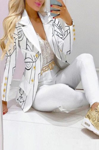 Casual Geometric Print Patchwork Turn-back Collar Long Sleeve Two Pieces