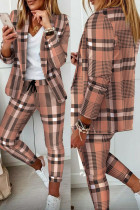 Casual Plaid Print Patchwork Turn-back Collar Long Sleeve Two Pieces