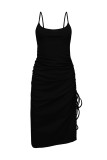 Sexy Solid Draw String Slit U Neck Sling Dress Dresses