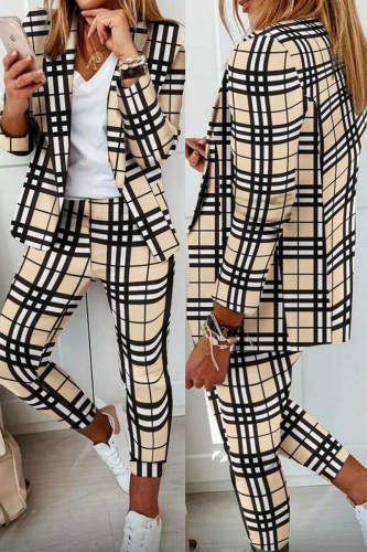 Casual Plaid Print Patchwork Turn-back Collar Long Sleeve Two Pieces