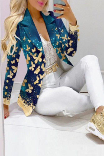 Casual Butterfly Print Patchwork Turn-back Collar Long Sleeve Two Pieces