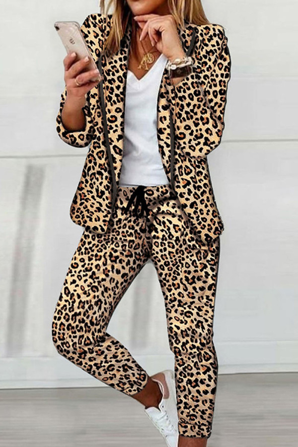 Casual Print Leopard Patchwork Turn-back Collar Long Sleeve Two Pieces