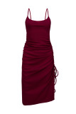 Sexy Solid Draw String Slit U Neck Sling Dress Dresses