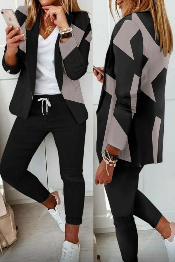 Casual Print Patchwork Turn-back Collar Long Sleeve Two Pieces
