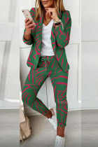 Casual Print Patchwork Turn-back Collar Long Sleeve Two Pieces