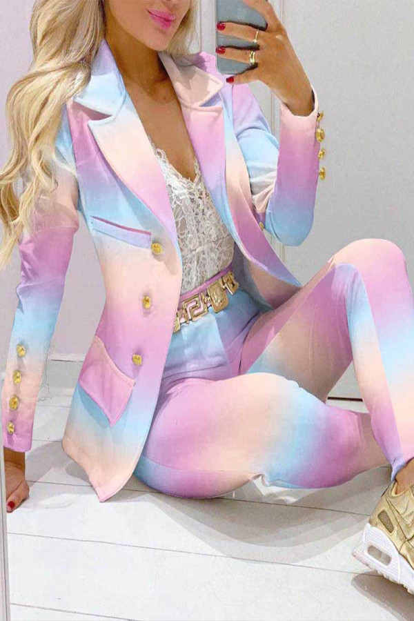 Casual Print Tie Dye Patchwork Turn-back Collar Long Sleeve Two Pieces
