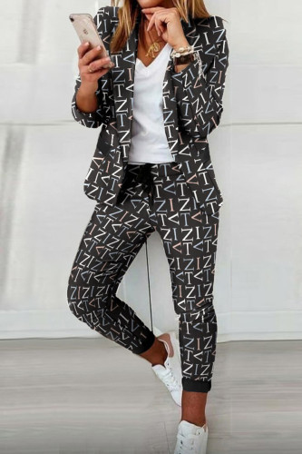 Casual Letter Print Patchwork Turn-back Collar Three Quarter Two Pieces