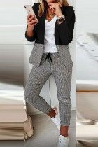 Casual Plaid Print Patchwork Turn-back Collar Long Sleeve Two Pieces