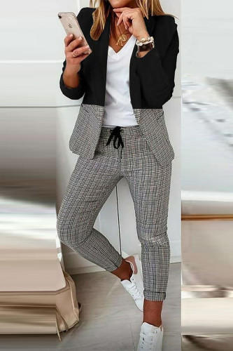 Casual Plaid Print Patchwork Turn-back Collar Long Sleeve Two Pieces