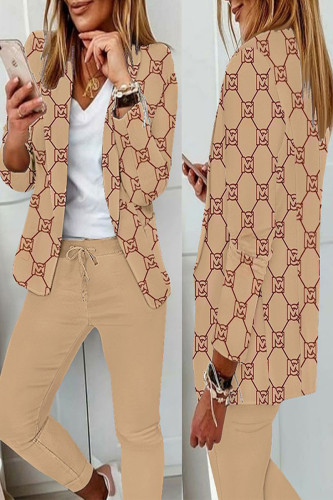 Casual Print Patchwork Turn-back Collar Long Sleeve Two Pieces