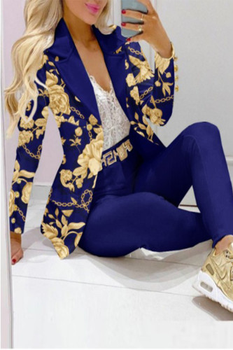 Casual Print Patchwork Turn-back Collar Long Sleeve Two Pieces