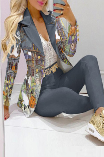 Casual Print Patchwork Turn-back Collar Long Sleeve Two Pieces
