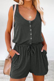 Casual Simplicity Solid Draw String Pocket U Neck Loose Rompers