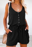 Casual Simplicity Solid Draw String Pocket U Neck Loose Rompers