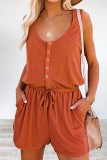 Casual Simplicity Solid Draw String Pocket U Neck Loose Rompers