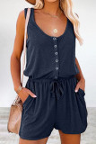 Casual Simplicity Solid Draw String Pocket U Neck Loose Rompers