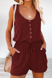 Casual Simplicity Solid Draw String Pocket U Neck Loose Rompers