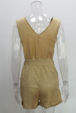 Casual Simplicity Solid Frenulum Buttons V Neck Loose Rompers
