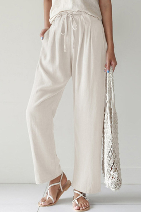 Casual Solid Draw String Loose Straight Solid Color Bottoms