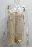 Casual Daily Solid Pocket Buttons U Neck Loose Rompers