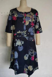 Elegant College Floral Patchwork O Neck Printed Dress Dresses