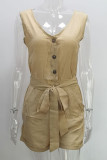 Casual Simplicity Solid Frenulum Buttons V Neck Loose Rompers
