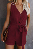 Casual Simplicity Solid Frenulum Buttons V Neck Loose Rompers