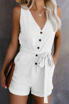 Casual Simplicity Solid Frenulum Buttons V Neck Loose Rompers