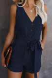 Casual Simplicity Solid Frenulum Buttons V Neck Loose Rompers