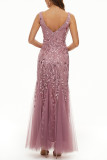 Elegant Formal Patchwork Embroidered V Neck Evening Dress Dresses