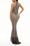 Celebrities Elegant Patchwork Contrast Halter Evening Dress Dresses