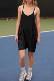 Casual Solid Pocket U Neck Loose Rompers