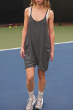 Casual Solid Pocket U Neck Loose Rompers