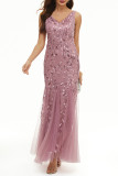 Elegant Formal Patchwork Embroidered V Neck Evening Dress Dresses