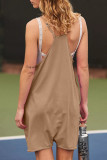 Casual Solid Pocket U Neck Loose Rompers