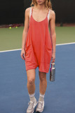 Casual Solid Pocket U Neck Loose Rompers
